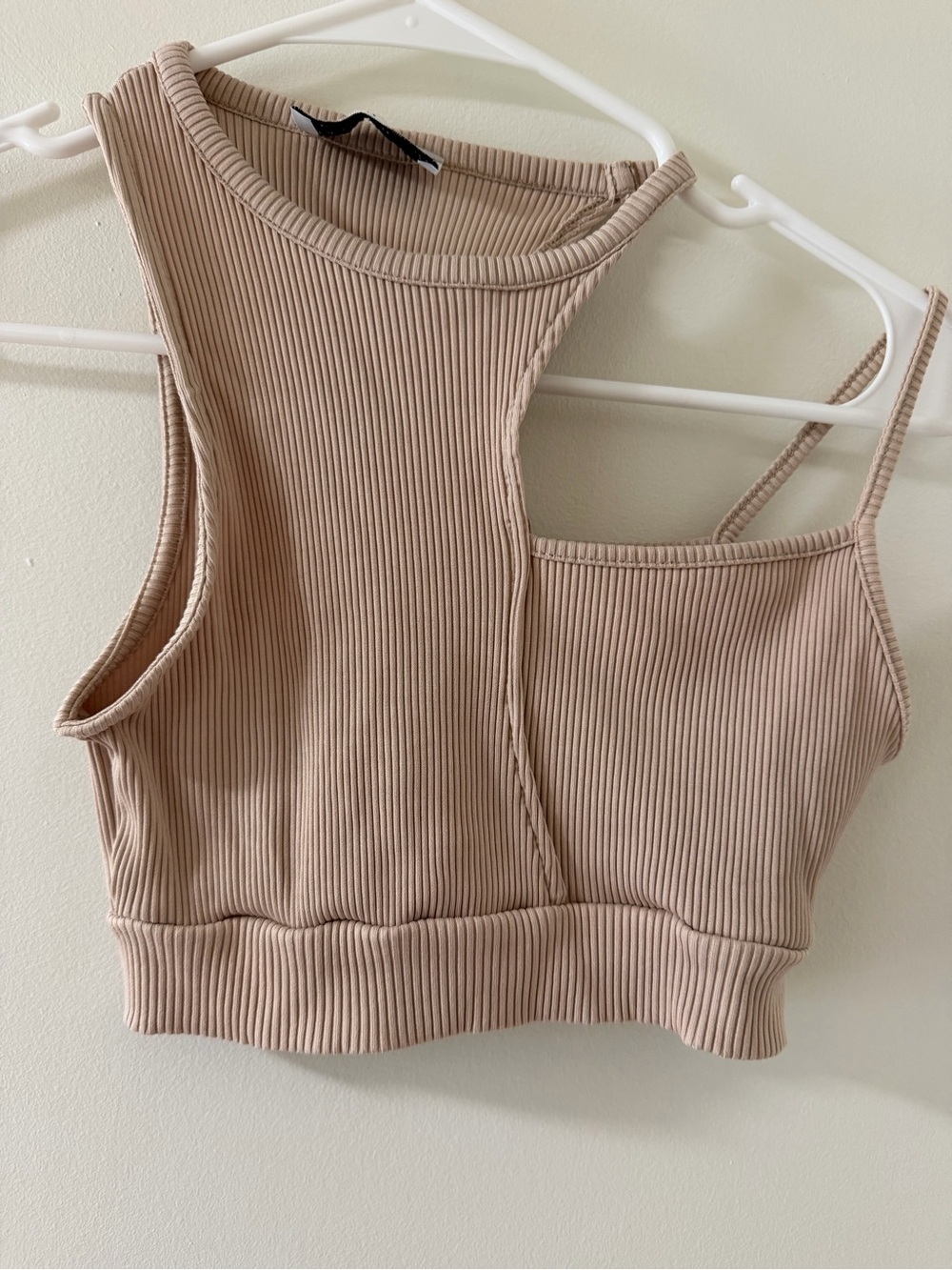 Bershka Ribbed Asymmetric One-Shoulder Crop Top in Beige